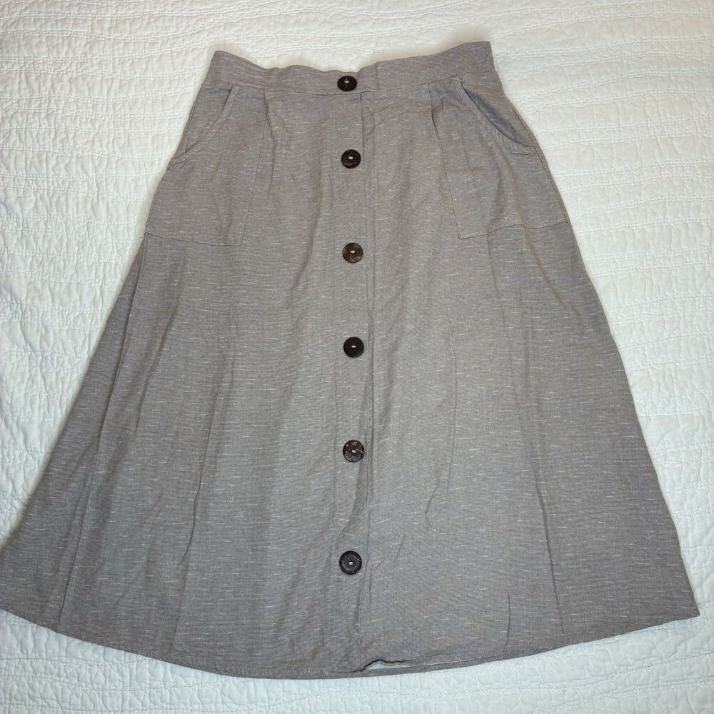 A-line linen blend midi skirt Sz XL lightweight soft buttons modest minimalist
